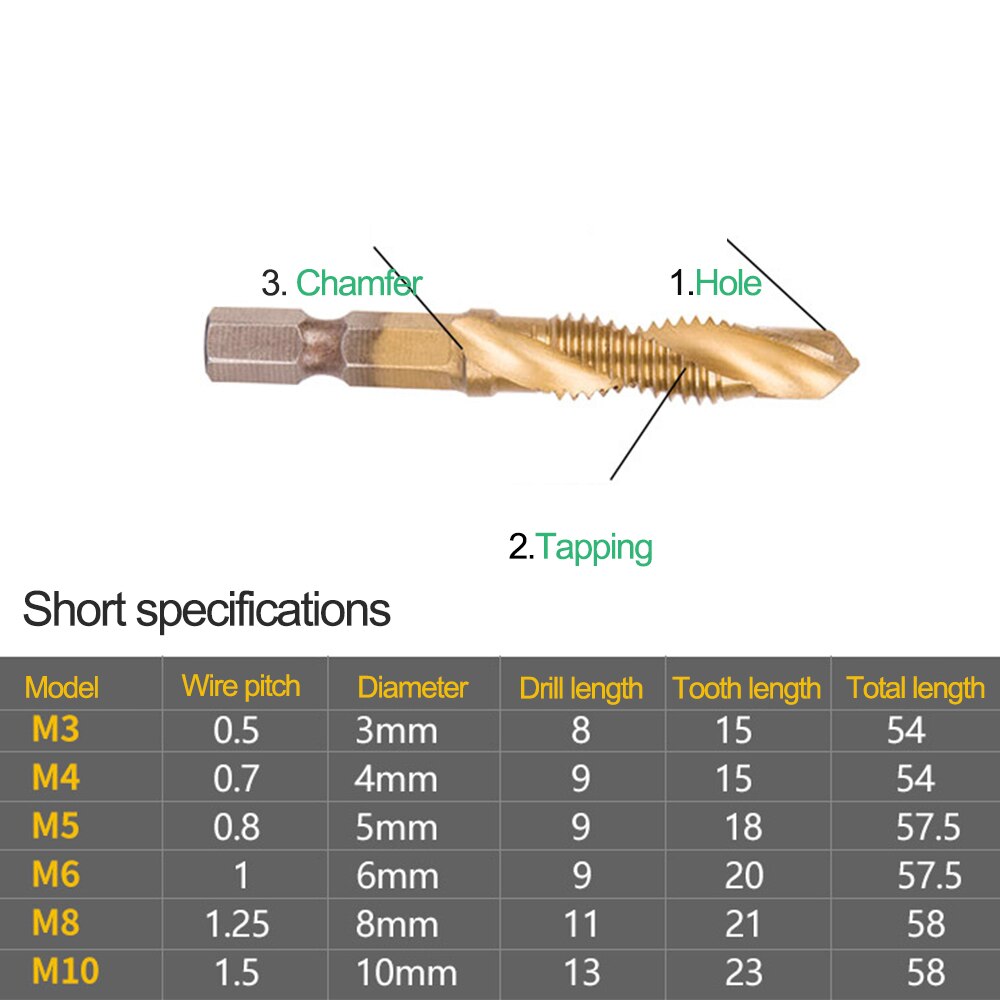 M3-M10 HSS Screw Metric Thread Tap Drill Bits Set Titanium Plated Hex Shank Screw Machine Compound High Speed Change Hand Tool