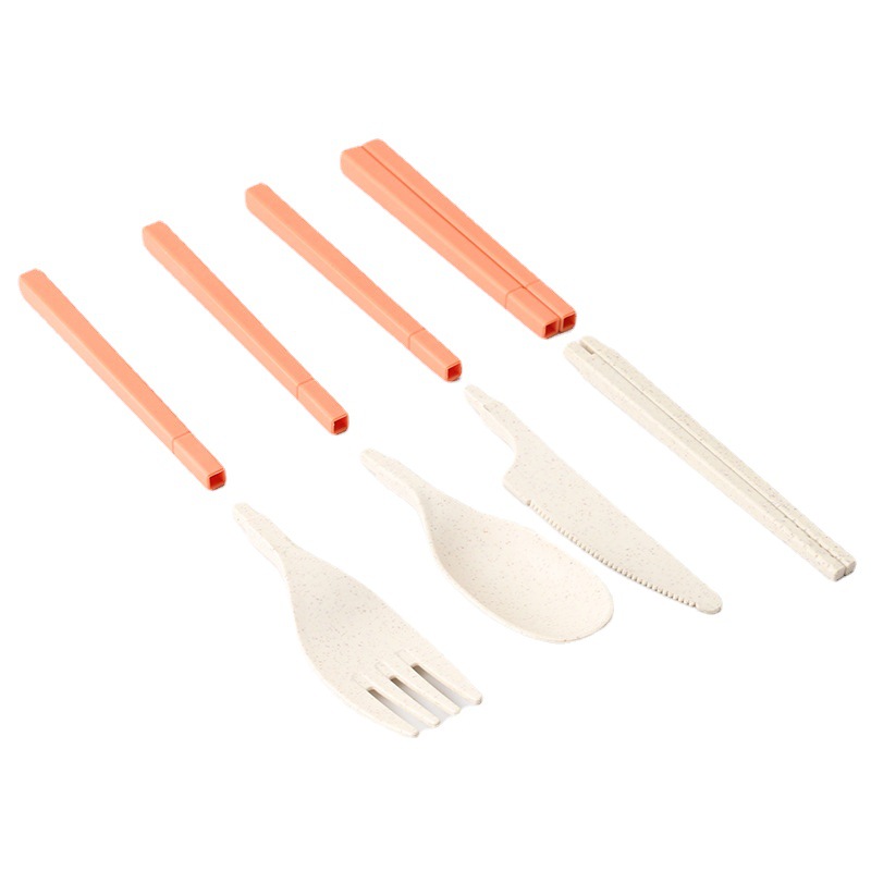 4PCS Wheat Straw Dinnerware Set Portable Tableware Knife Fork Spoon Chopsticks Set Travel Cutlery Set Eco-Friendly Utensil Box