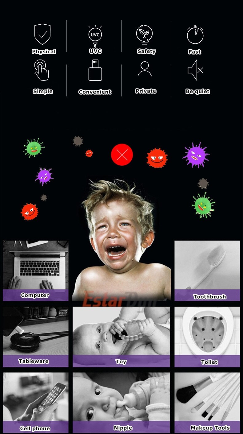 Portable Phone UV Sterilization Lamp Disinfect Bacterial USB UVC Sterilizer Light Handheld Mites Lights For Android For iphone