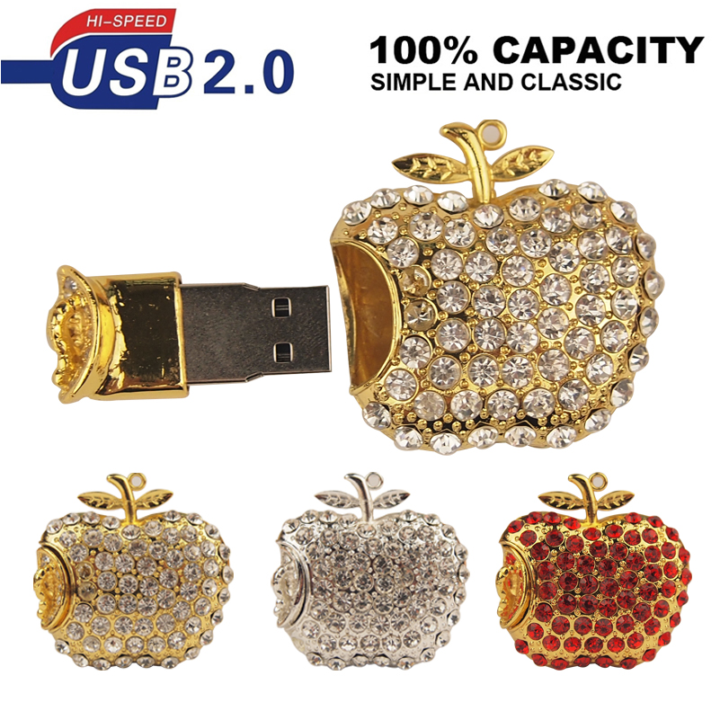 Jewelry Apple USB Flash Drives 32GB 16GB 8GB 4GB 128MB Pendrive Diamond Pen Drive USB Memory Stick Flash Card Key USB 2.0