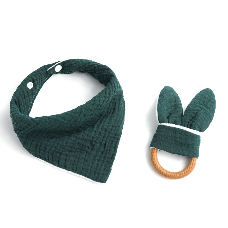 2 Stks/set Baby Jongen Meisje Speeksel Tissue Molars Ring Houten Bijtring Set Katoenen Mousseline Slabbetjes Effen Kleur Burp Doek Driehoekige sjaal: green