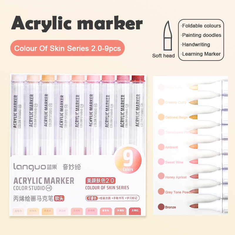 Languo-marcador de pintura acrílica de 9 colores, cabezal Flexible, colores brillantes para garabatos, dibujar, escribir a mano, suministros de arte, papelería: Verde claro