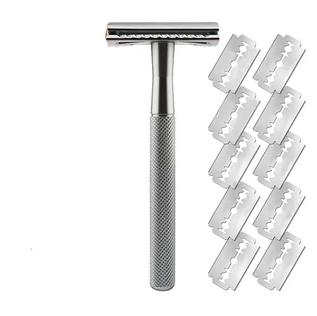 Maquinilla de afeitar de seguridad de acero inoxidable, mango ponderado, recambios de cuchillas de doble filo, maquinilla de afeitar de una sola hoja para hombres, afeitadora masculina: Azul