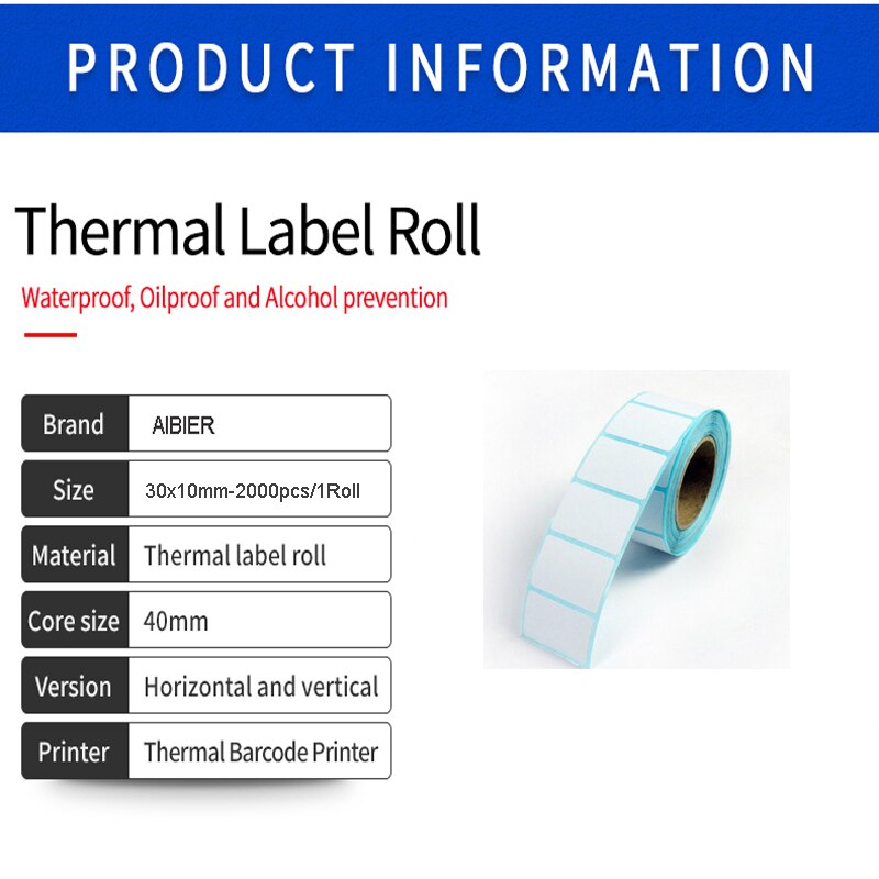 AIBIER Thermal Label barcode Sticker 1Roll 30mm X 10mm-2000 40mm Core Top Thermal Paper Adhesive Stickers Zebra Godex Compatible