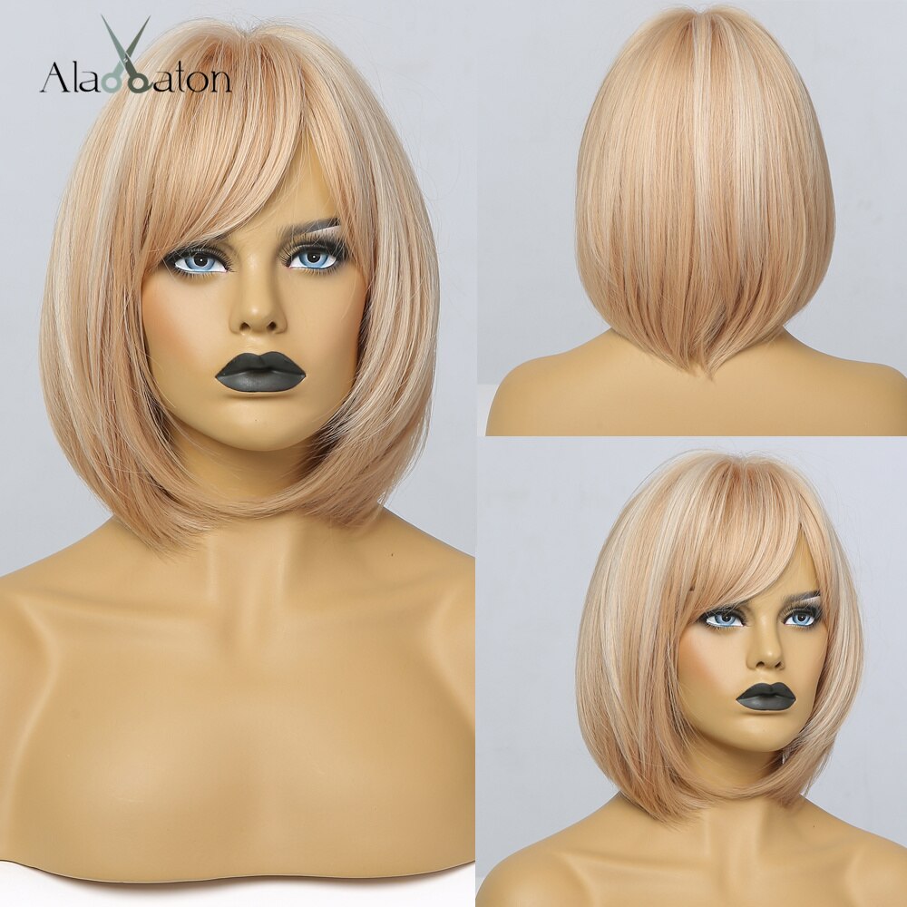 ALAN EATON Short Straight Ombre Black Brown Synthetic Wigs with Bangs for Women Bob Wig Heat Resistant Lolita Cosplay wig 12inc: ss164-1