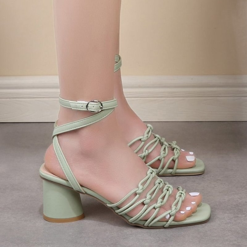 Sandals 2022 Summer Round Heel Pin Buckle Sandals Woven Women&#39;s Shoe Sandles Women Sandalias Mujer Verano tacones mujer: green / 37