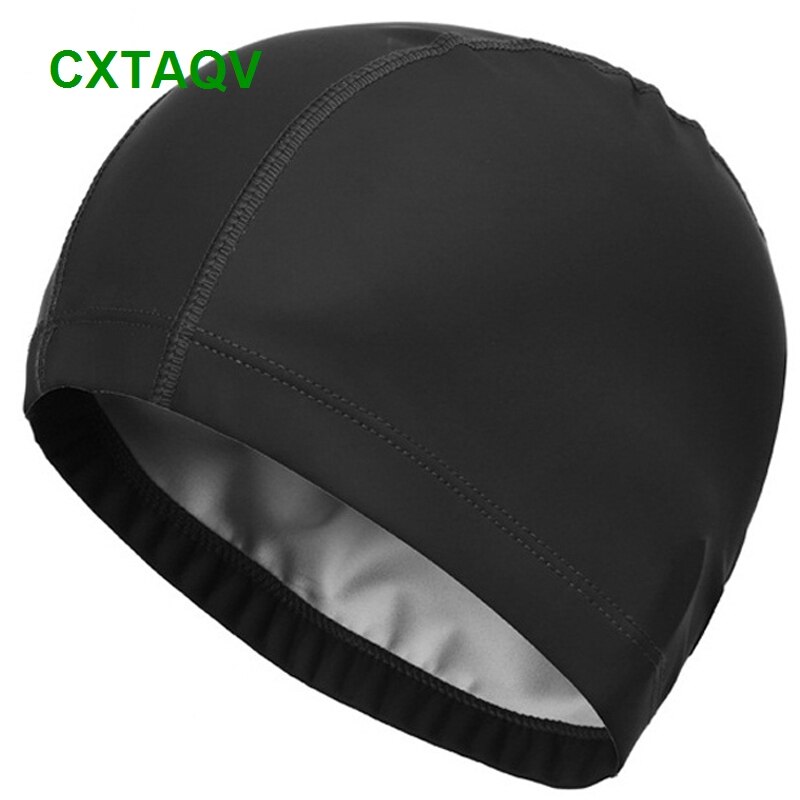 Comfortable Fit Adult Men Women Blank Swimming Cap Elastic Waterproof PU Fabric Protect Ears & Long Hair Swim Pool Hat: Black