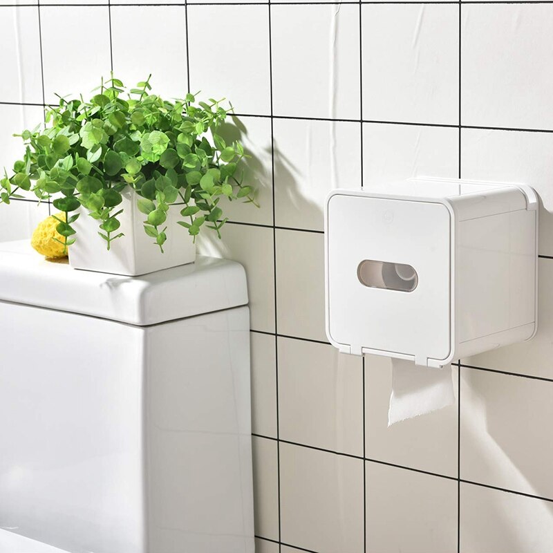 Waterproof All Covered Toilet Paper Holder Box,Wall Mounted Bathroom Paper Roll Holder,Adhesive Tissue Box with Shelves Storage,: Default Title