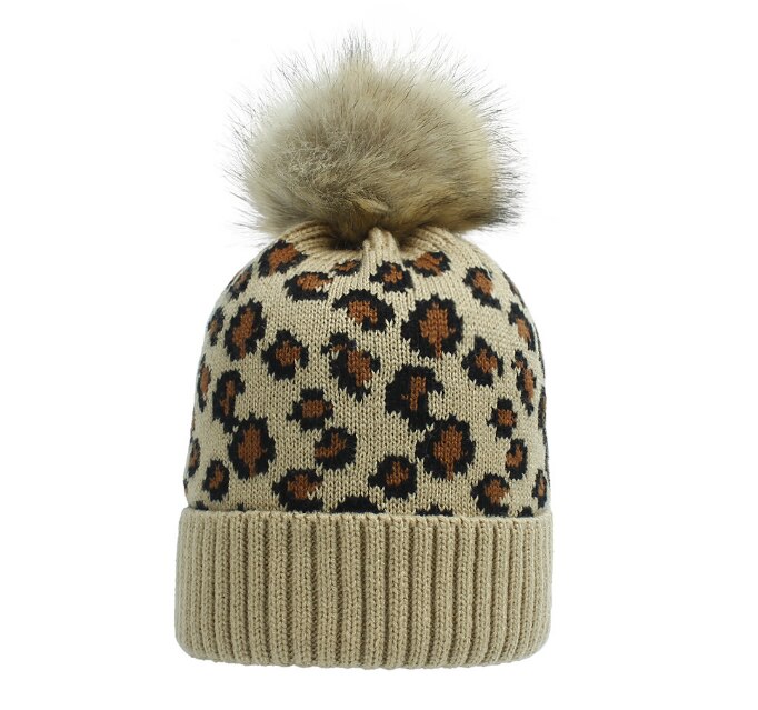 Herfst winter luipaard print wol gebreide muts warme oversized haarbal dikke warme muts pompon: Kameel