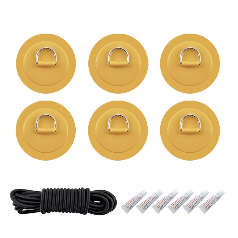 6 stuks/partij surfplank, dinghy, boot, pvc-patch met roestvrijstalen d-ring, dekbevestiging, sup ronde ringpad, 5m elastische bungee-touwset: Geel