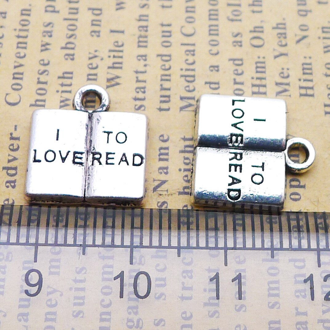12 Stks/partij 14X14Mm Boek Charms I Love Lezen Antiek Zilver Kleur Hangers Voor Diy Sieraden Maken charm