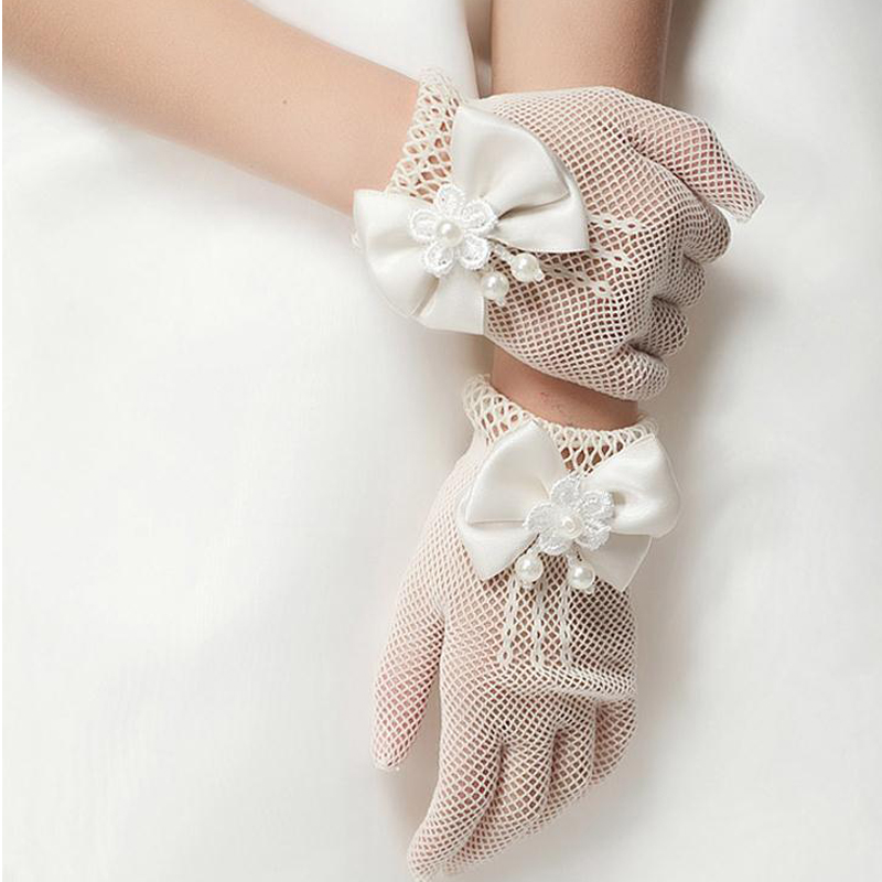 Neue 1 Paar Mädchen Kinder Weiß Spitze Faux Perle Fishnet Handschuhe Kommunion Blume Mädchen Braut Party Zeremonie Zubehör
