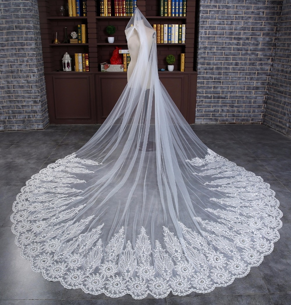 velo nupcial 4 M de una capa con peine, tul, borde de encaje con cuentas, velo de boda con accesorios de cristal de boda