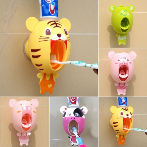 Cute Cartoon Plastic Automatic Toothpaste Dispenser Wall Mount Stand Bathroom