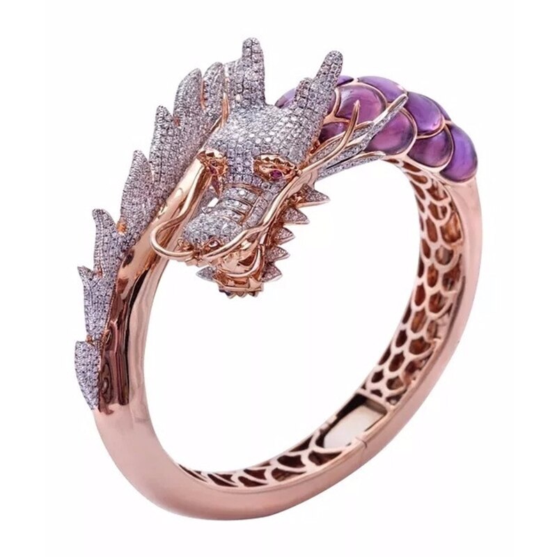 Unieke Vintage Rose Gouden Draak Dier Statement Ring Paars Opal Crystal Engagement Wedding Band Ringen Voor Vrouwen Boho Sieraden: 8
