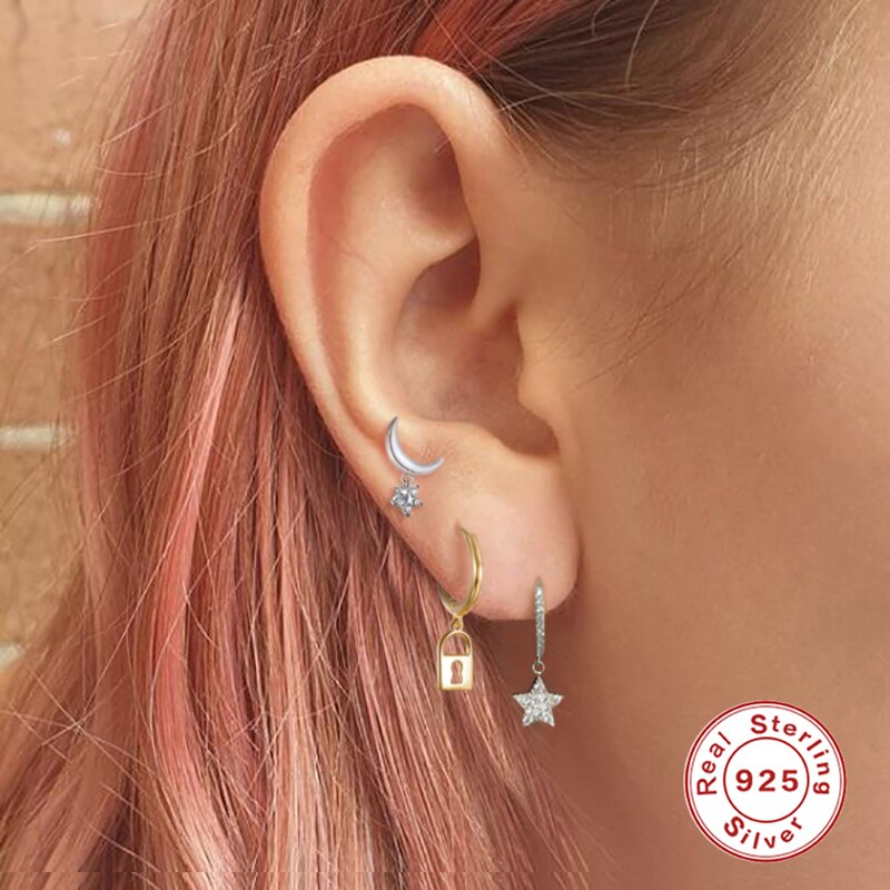 Pendientes de plata de ley 925 auténtica para mujer y niña, aretes de estrella de circonita, Color dorado y plateado, Huggie, Arete de aro, A30