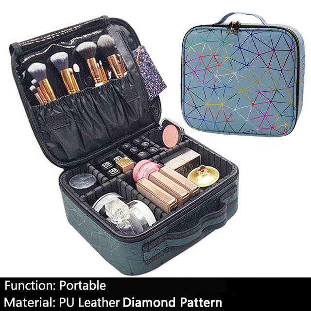 Female Beauty Makeup Case Brushes Organizer Storage Box Bolsa Maquillaje Women Cosmetic Bag For Makeup Suitcase: C Blue