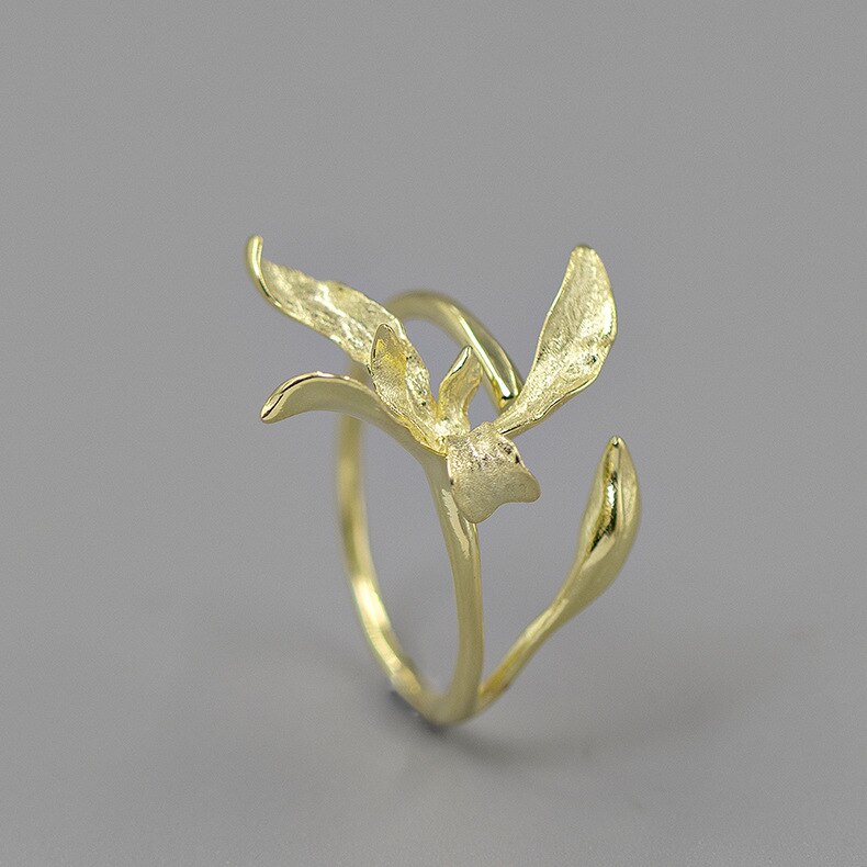 INATURE 925 Sterling Silver Orchid Flower Rings for Women Adjustable Opening Ring Jewelry: Gold