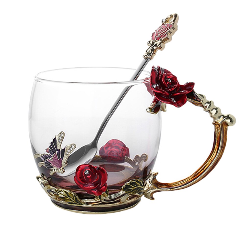 Zuinig Emaille Koffie Thee Cup Mok 3D Rose Vlinder Glas Cups Huwelijkscadeau ds99: Red Short With spoon