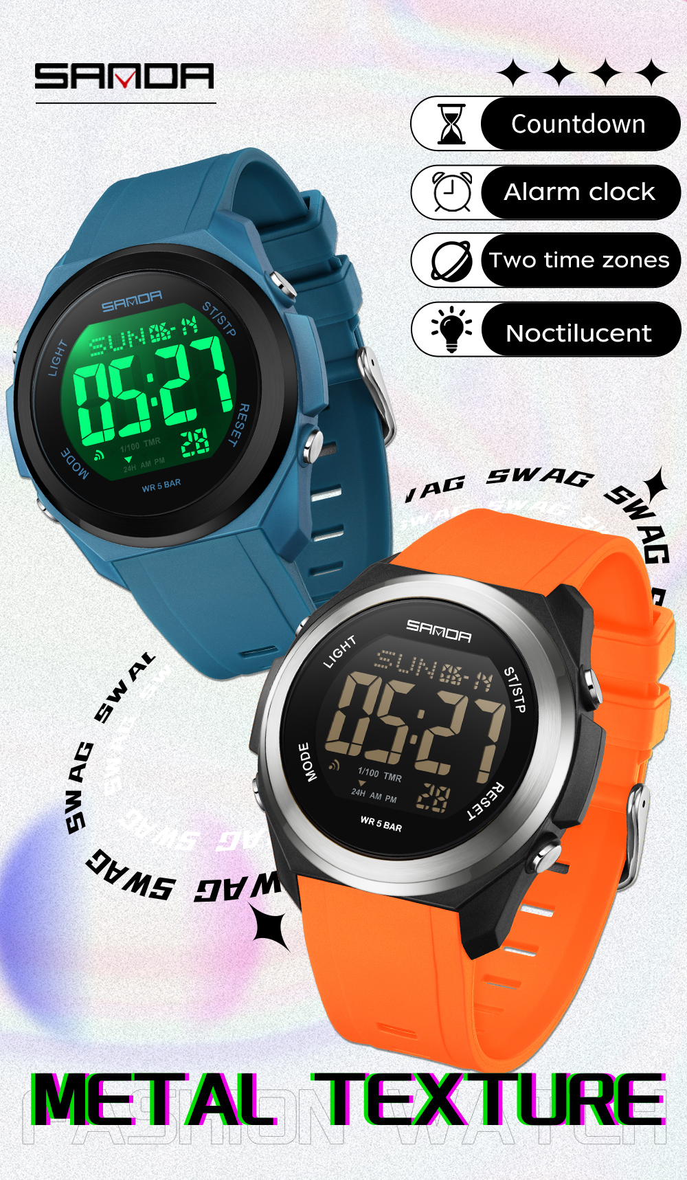 Sanda 2199 new sports watch with waterproof timing and multiple luminous electronic clocks, alarm clock reminder, men's watches