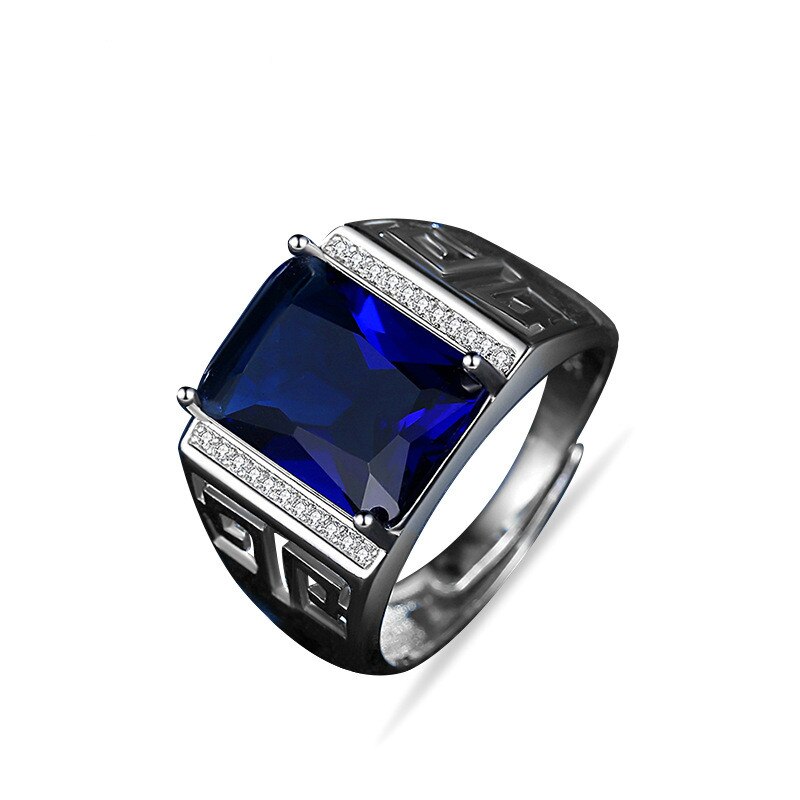 Classic Men's Silver Plated Ring Domineering Square Cut Blue Zircon Wedding Band Ring Business Finger Ring Male Jewelry