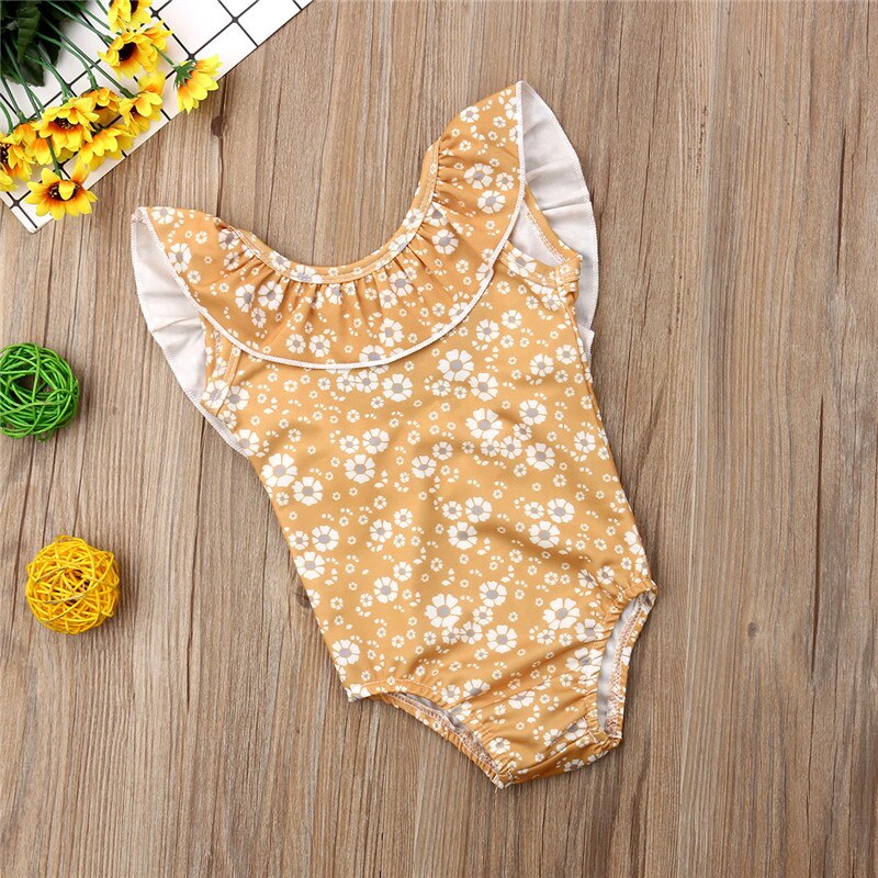 Summer Tankinis toddler kids Yellow little flowers Cute costume one piece bathing beachwear Ruffles 1-6T baby girl Swimsuit