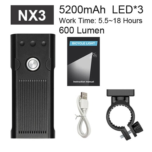 Newboler 5200 mah krachtige fietslamp 3 led aluminium usb fiets koplamp set regenbestendige mtb voorlamp fietslamp powerbank: Nx3
