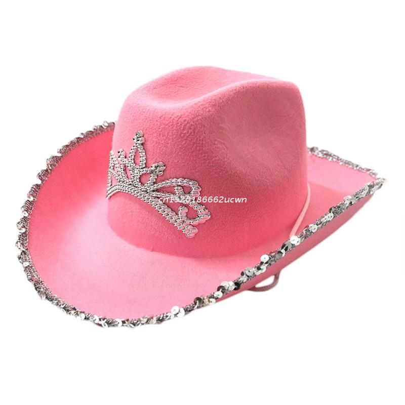 Wool Felt Fedoras in Europe Style for Birthday Celebration Tiara Hats in Pink with Sequins-Ornamented Selvege