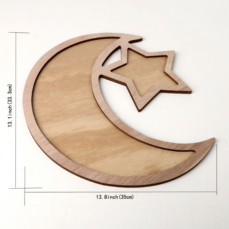 Rustieke Houten Crescent Moon Srar Eid Ramadan Party Voedsel Serveren Servies Dessert Gebak Tray Display Houder Decor Ornament Gxma