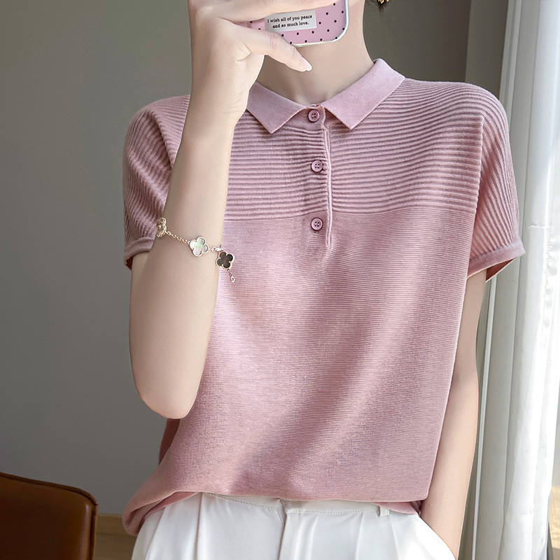 Dames T-Shirt Zomer Kammen Gebreide T-Shirts Casual Effen Trui Polokraag Blouse Met Korte Mouwen Dames Kleding Losse Tops: M / Roze