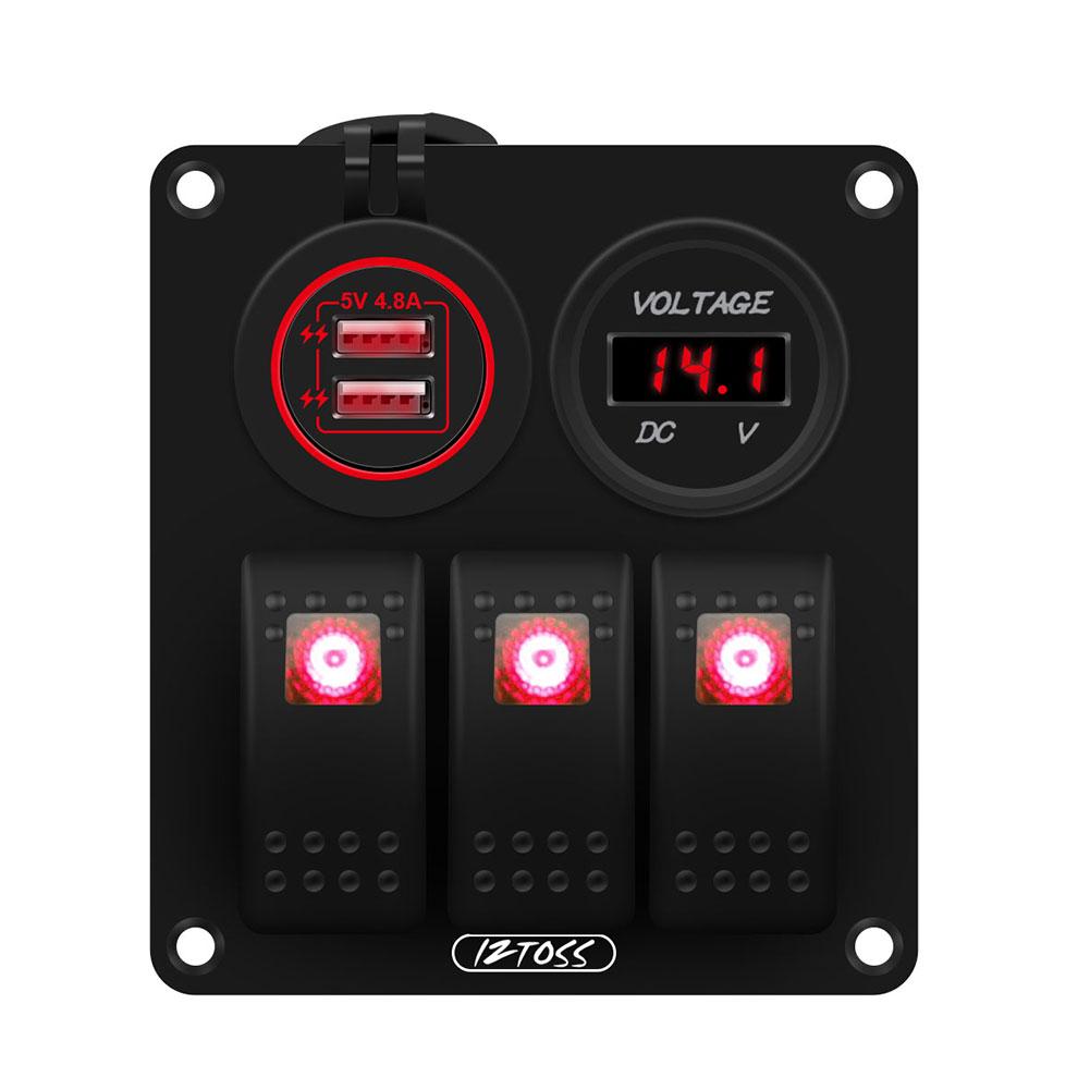 3 Gang 12V/24V Inline Fuse Box LED Switch Panel Dual USB Car Boat Truck Camper Digital Voltage Display Blue/Green LED Light: red light