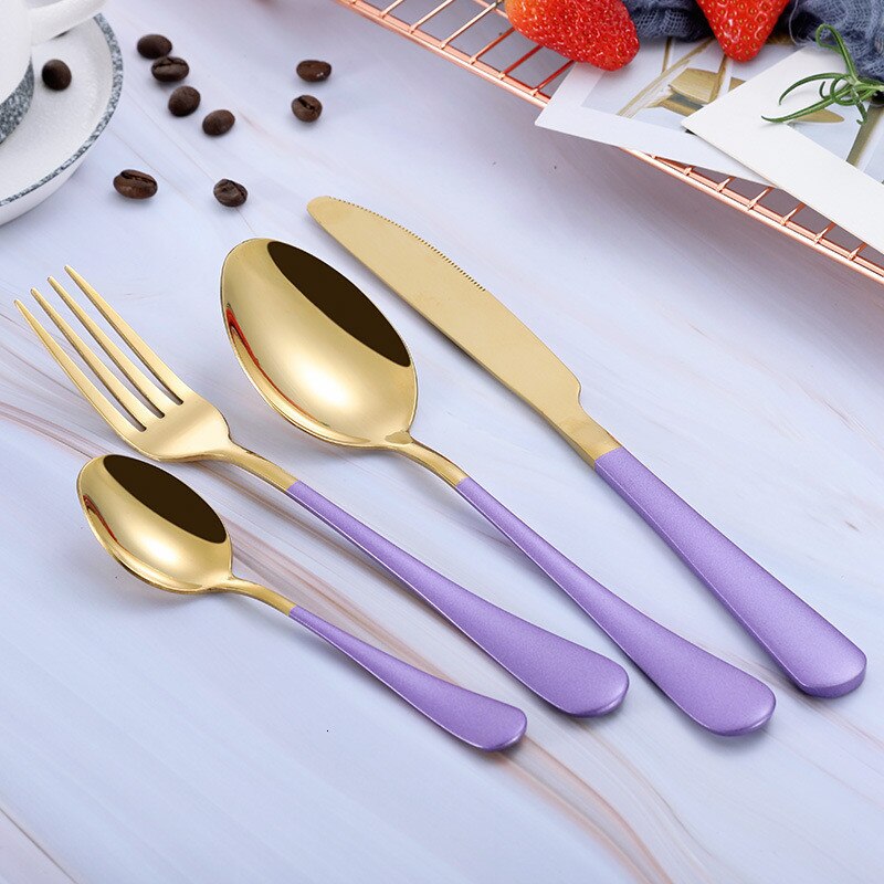 Regenboog Bestek Sets Vork Lepel Mes Set Koreaanse Keuken Servies 18/10 Rvs Zilverwerk Set Bestek Messen Sets: purple gold