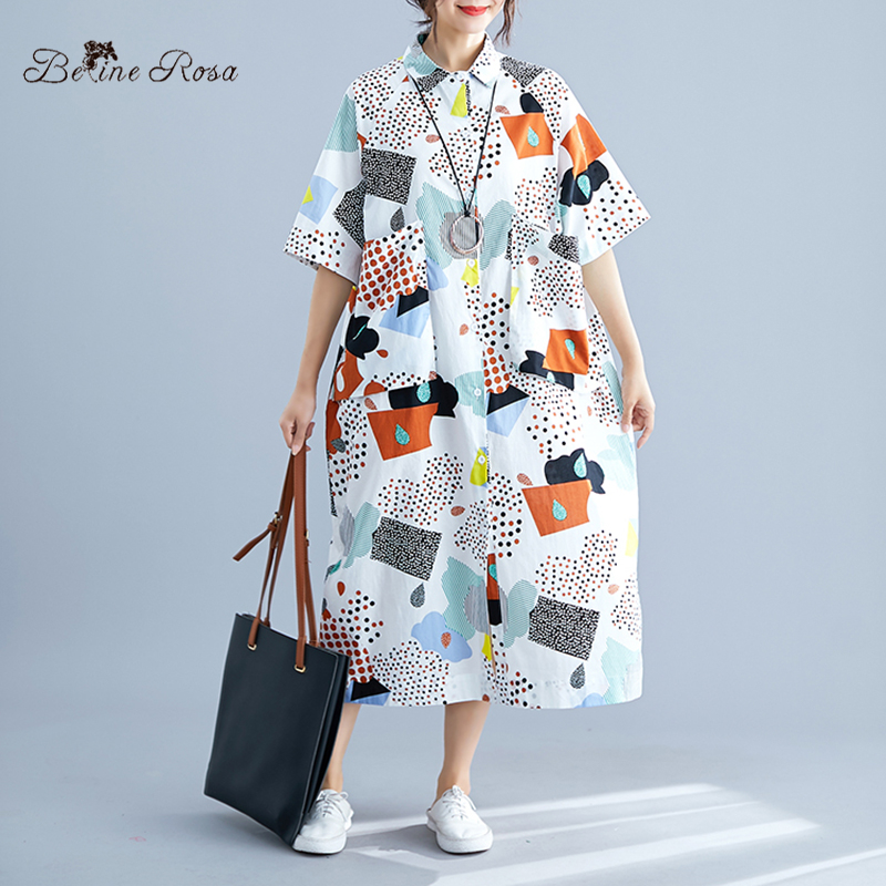 BelineRosa vrouwen Geometrische Patroon Print Vrouwen Blouse Jurken Zomer Mode Losse Lange Shirt Jurken Vrouwelijke XE000097