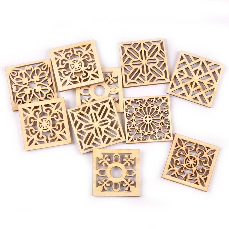 10pcs Hollow Mixed Flower Pattern Square Wood DIY Crafts Scrapbooking Wooden Embellishments Arts Wedding Display Decor M2523