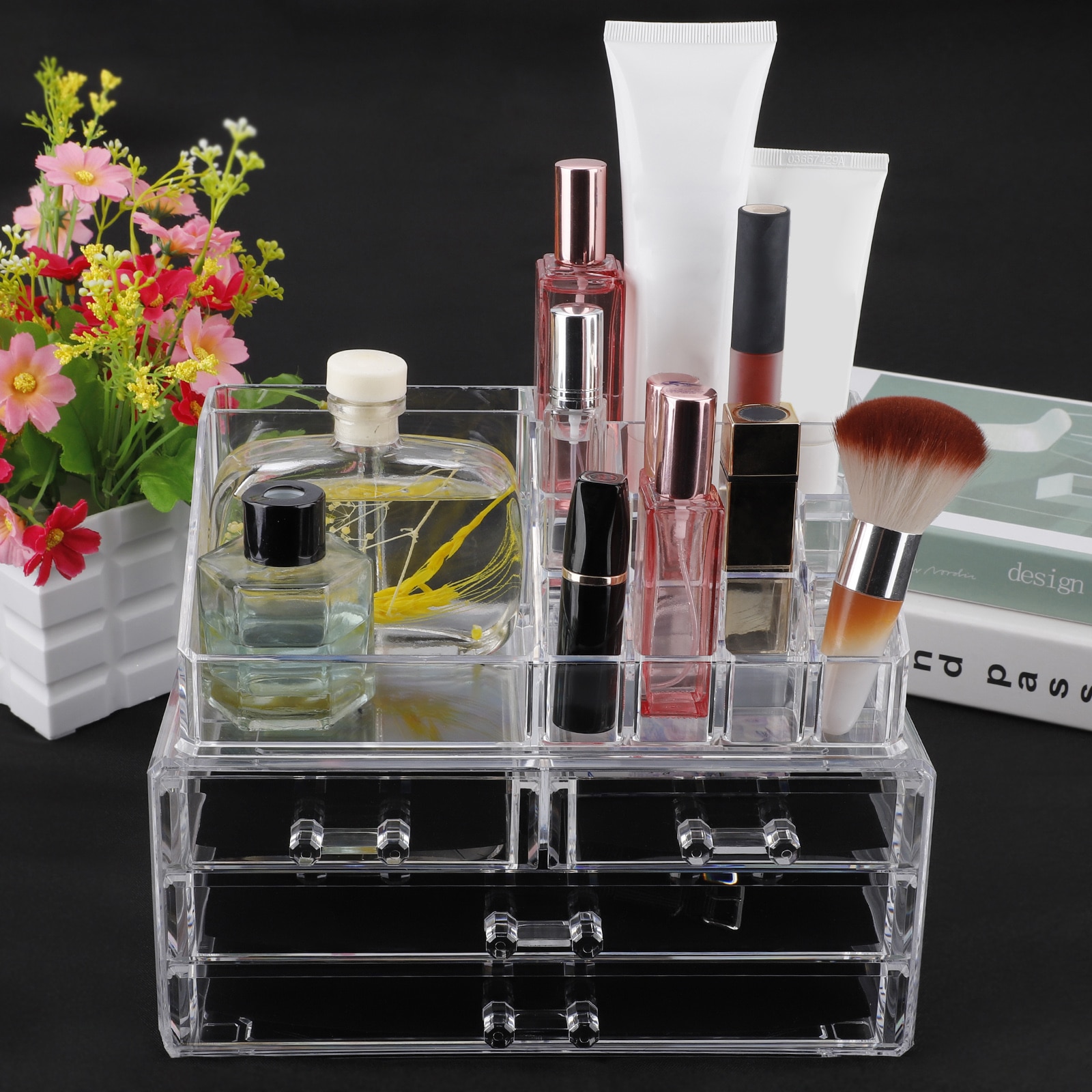 Organizador de maquillaje transparente, compacto, estantería, colorete, resaltador, sombra de ojos, soporte de exhibición, cajón de caja de almacenamiento de cosméticos