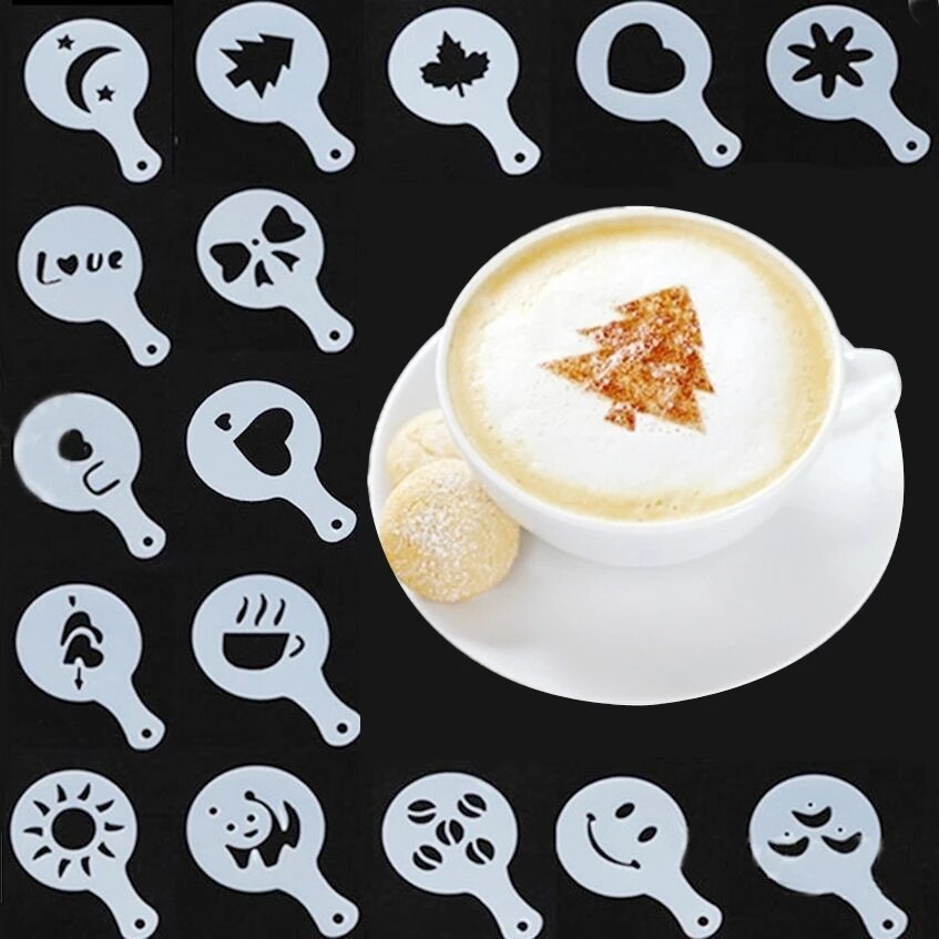16 stk / sett kaffe tegning form latte cappuccino barista kunst sjablonger kake støv maler kaffe verktøy tilbehør