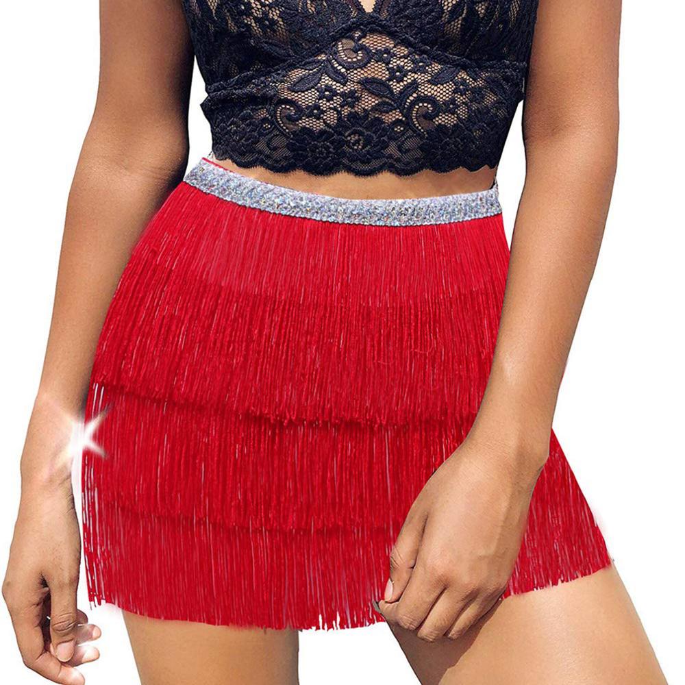 Women Skirt Sequin Belly Costume Tassel Wrap Skirt Club Mini Skirt D60: Red