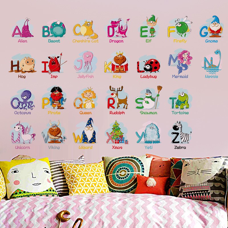 Cartoon Alfabet Muurstickers A-Z Engels Letters Home Decoratie Kinderen Kamers Home Vinyl Decor Kinderen Leren Muurstickers
