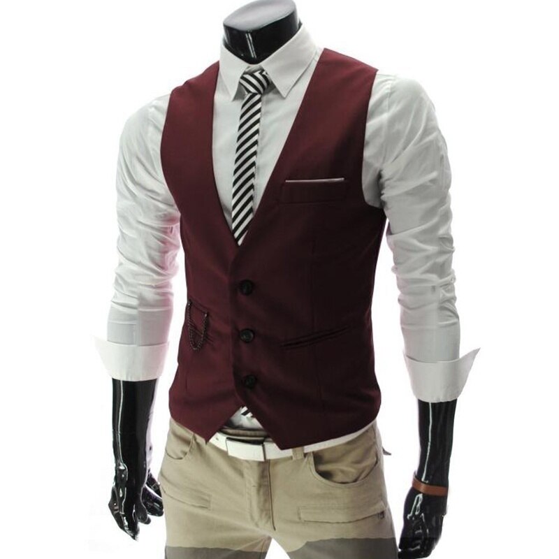 Mænds vest slim kjole blazer veste mandlig vest gilet homme ærmeløs formel business jakke vest mænd tøj chalecos para: Rødvin / L