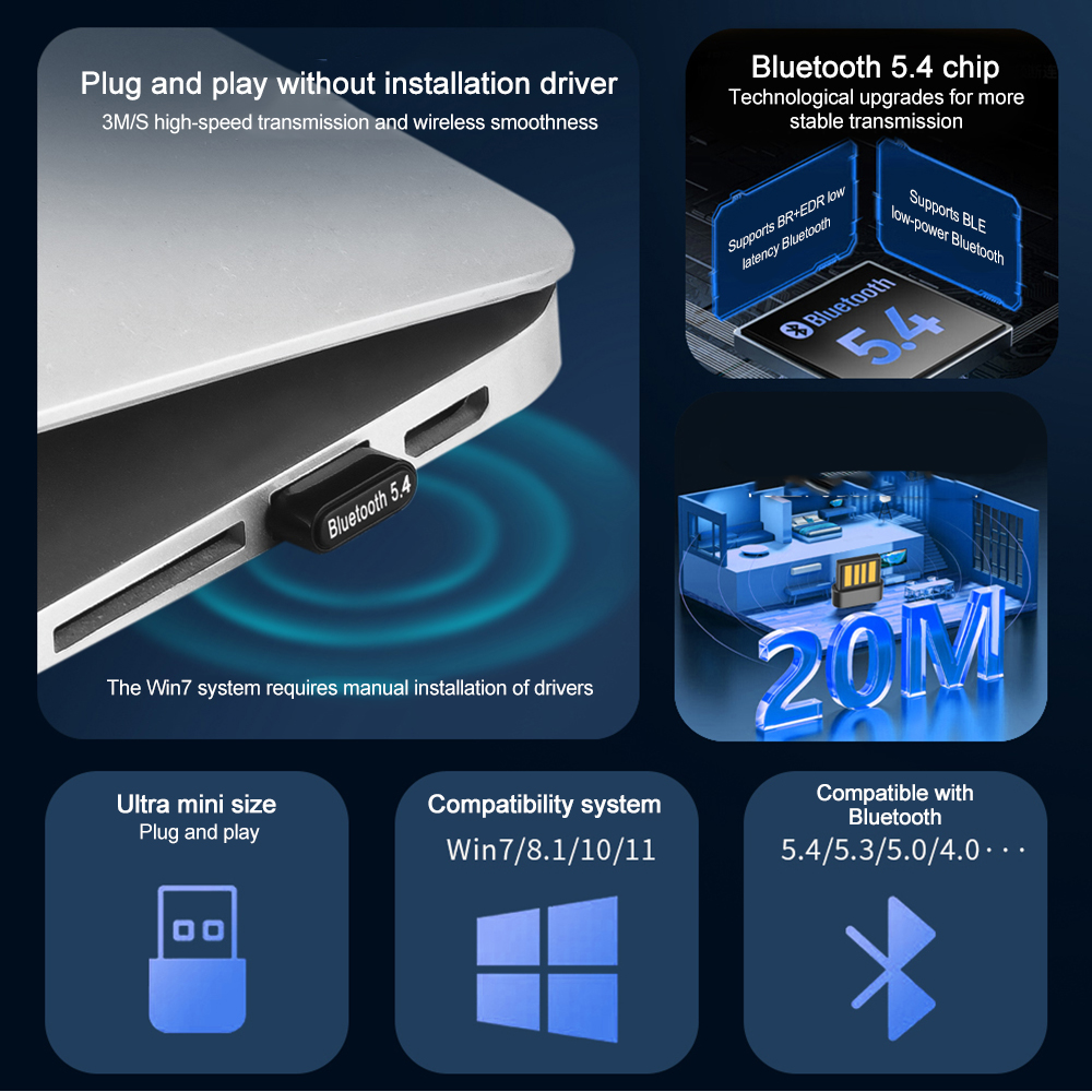 Usb bluetooth 5.4 adapter avsender bluetooth mottaker lyd bluetooth dongle trådløs usb adapter til datamaskin pc laptop