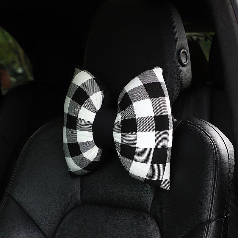 Oreiller avec nœud papillon pour appui-tête de voiture, 1 pièce, appui-tête à carreaux rouges, oreiller lombaire à carreaux noirs, coussin de siège, Kawaii, accessoires de voiture: Black plaid Headrest
