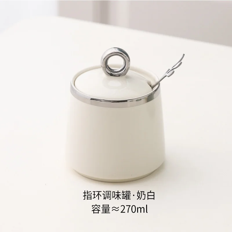 Ceramic Seasoning Jar with Spoon Kitchen Seasoning Storage Box Salt and Pepper Jar Household Storage Jar Ceramic Box Bottle: GRAY