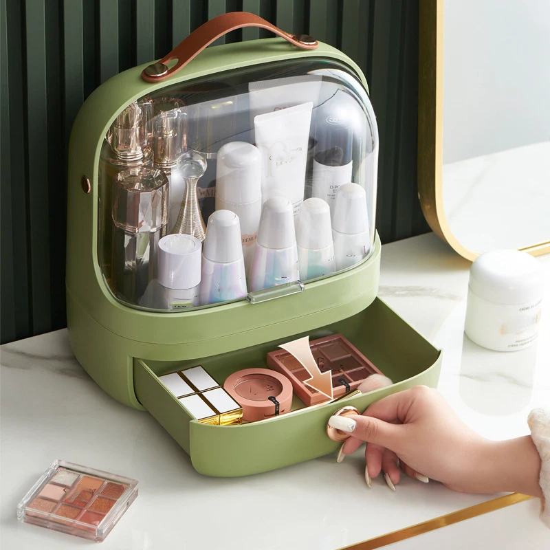 Organizadores de cosméticos de escritorio, caja de almacenamiento de joyería de maquillaje a prueba de polvo de gran capacidad con tapa, organizador impermeable para baño