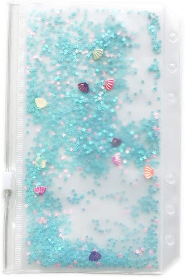 Archivador con agujeros y bolsillos de plástico para libreta, bolsa con cremallera para 6 anillos, con copos de brillantina, decoración de estrellas, A5/A6: A5 Blue