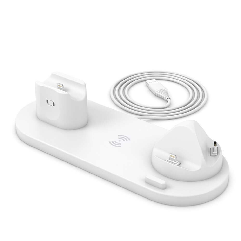 10W Qi Wireless Charger Dock Station 6 in 1 For iPhone Airpods Micro USB Type C Stand Fast Charging 3.0 For Apple Watch Charger: White