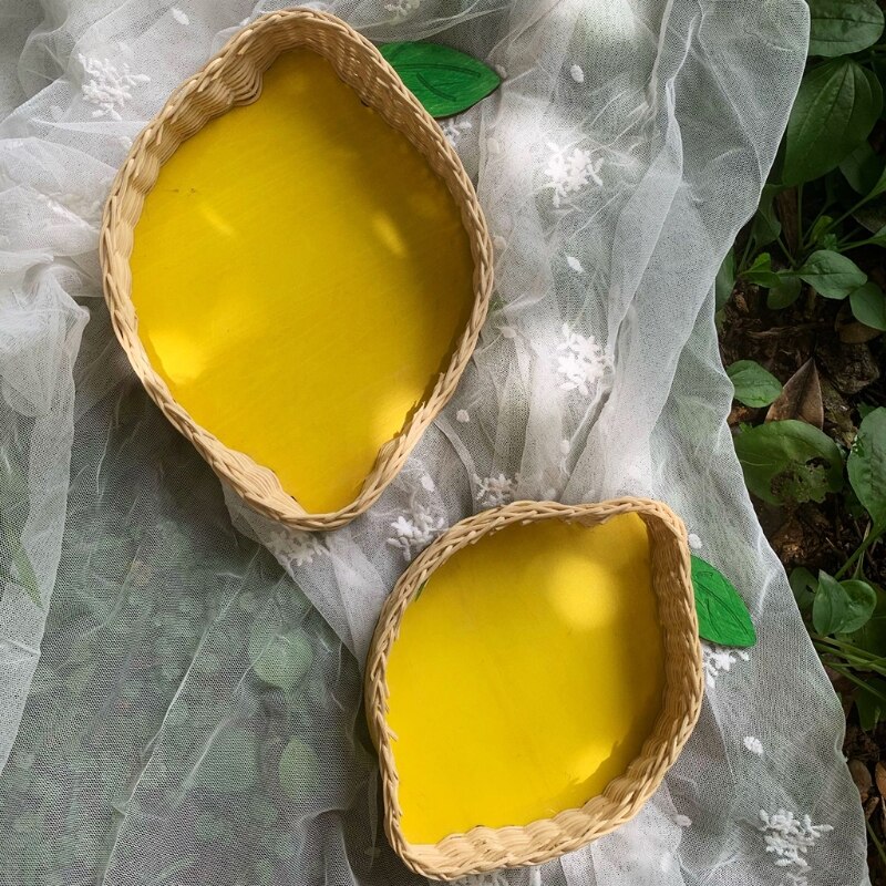 Hand Geweven Rotan Opslag Mand Avocado Citroen Patroon Plaat Lade Organizer Voor Fruit Brood Snacks Sleutels Portemonnee