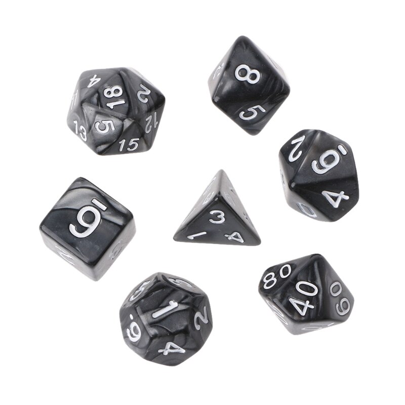 7Pcs Polyhedral Dice White Numbers For Dragon Pathfinder D20 D12 2xD10 D8 D6 D4: Black