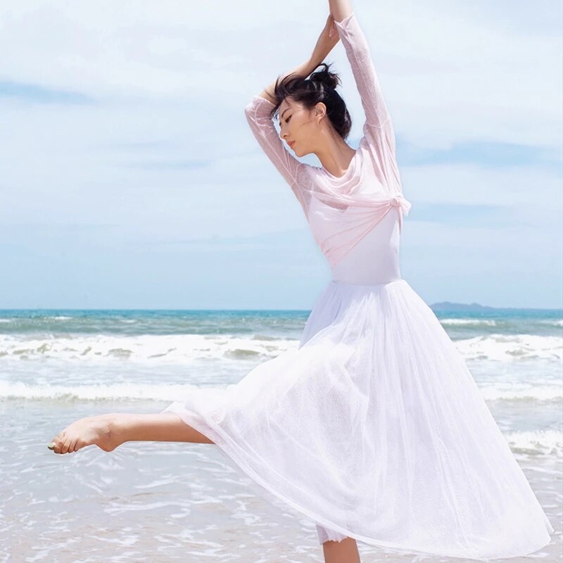 Mesh Long Sleeve Gymnastics leotard Sweater Dance Dress Gauze Adult Female Ballet Base Training Clothes Shirt