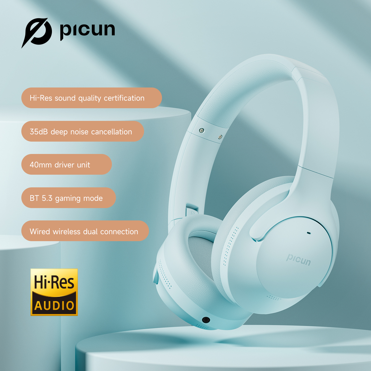 Picun anc -05 aktiva brusreducerande hörlurar med enc-teknik, trådlösa bluetooth-hörlurar over-ear-headset, 40h speltider