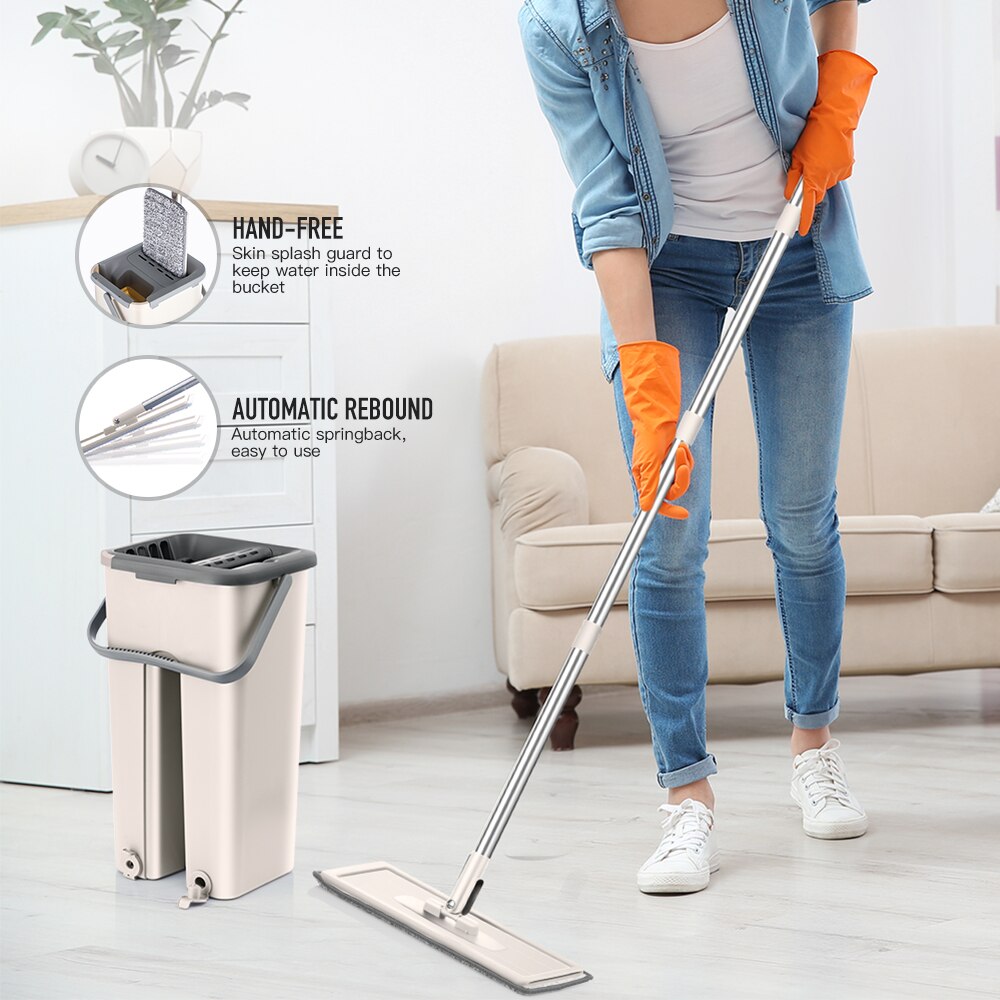 Flat Squeeze Mop and Bucket Hand Free Wringing Floor Cleaning Mop Microfiber Mop Pads Wet or Dry Usage on Hardwood Laminate Tile